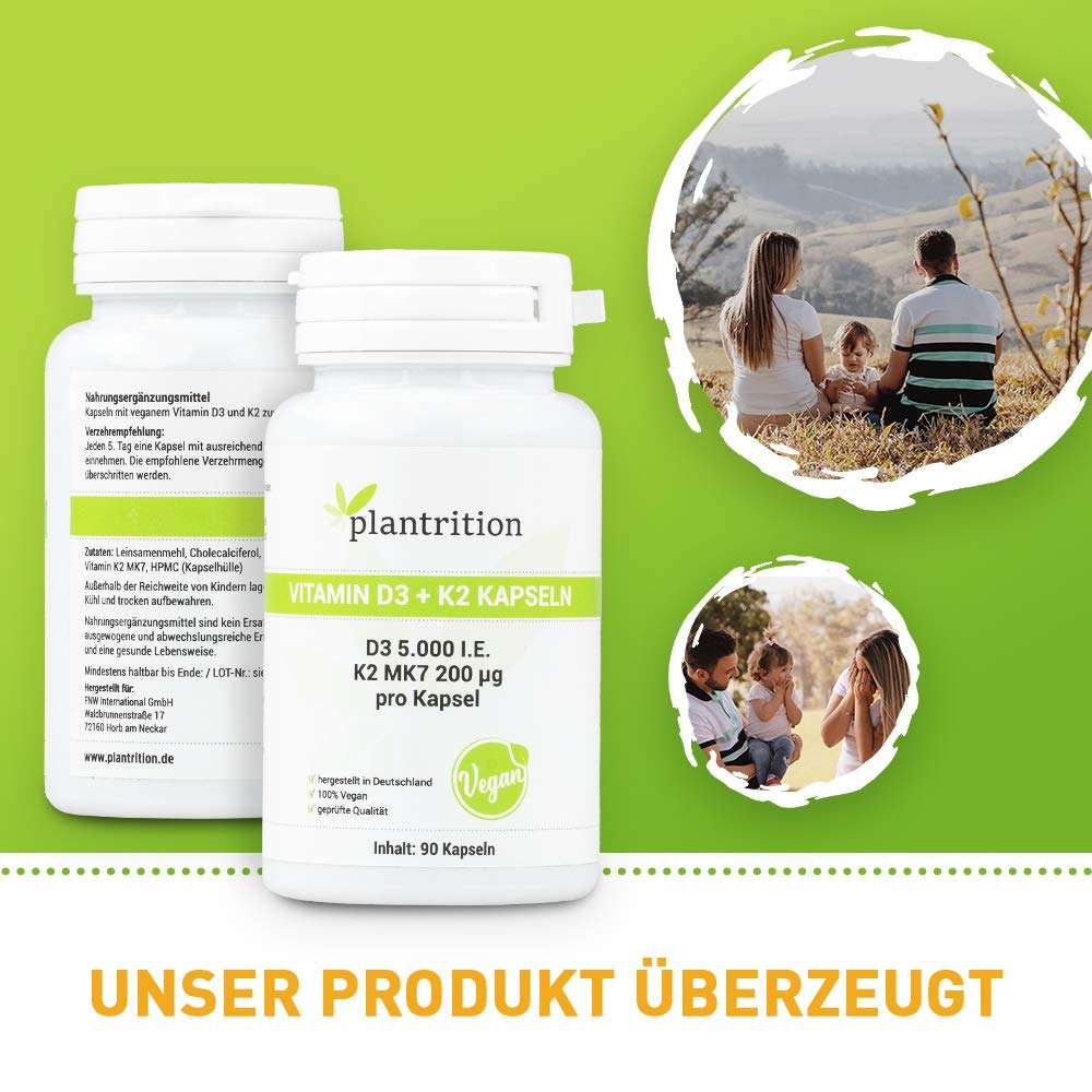 plantrition Vitamin D3 K2 Kapseln Vegan 5000 IE + 200mcg Vitamin K2 MK7 - 90 Kapseln