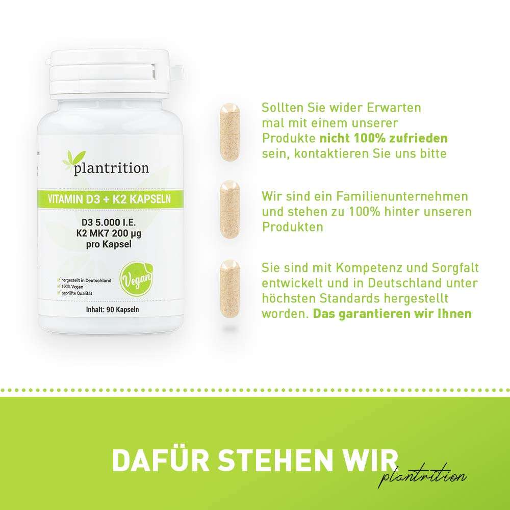 plantrition Vitamin D3 K2 Kapseln Vegan 5000 IE + 200mcg Vitamin K2 MK7 - 90 Kapseln