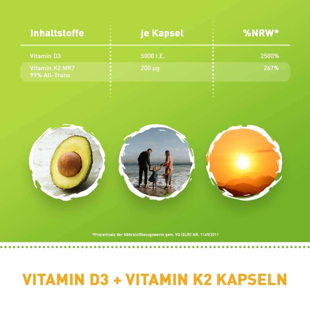 plantrition Vitamin D3 K2 Kapseln Vegan 5000 IE + 200mcg Vitamin K2 MK7 - 90 Kapseln