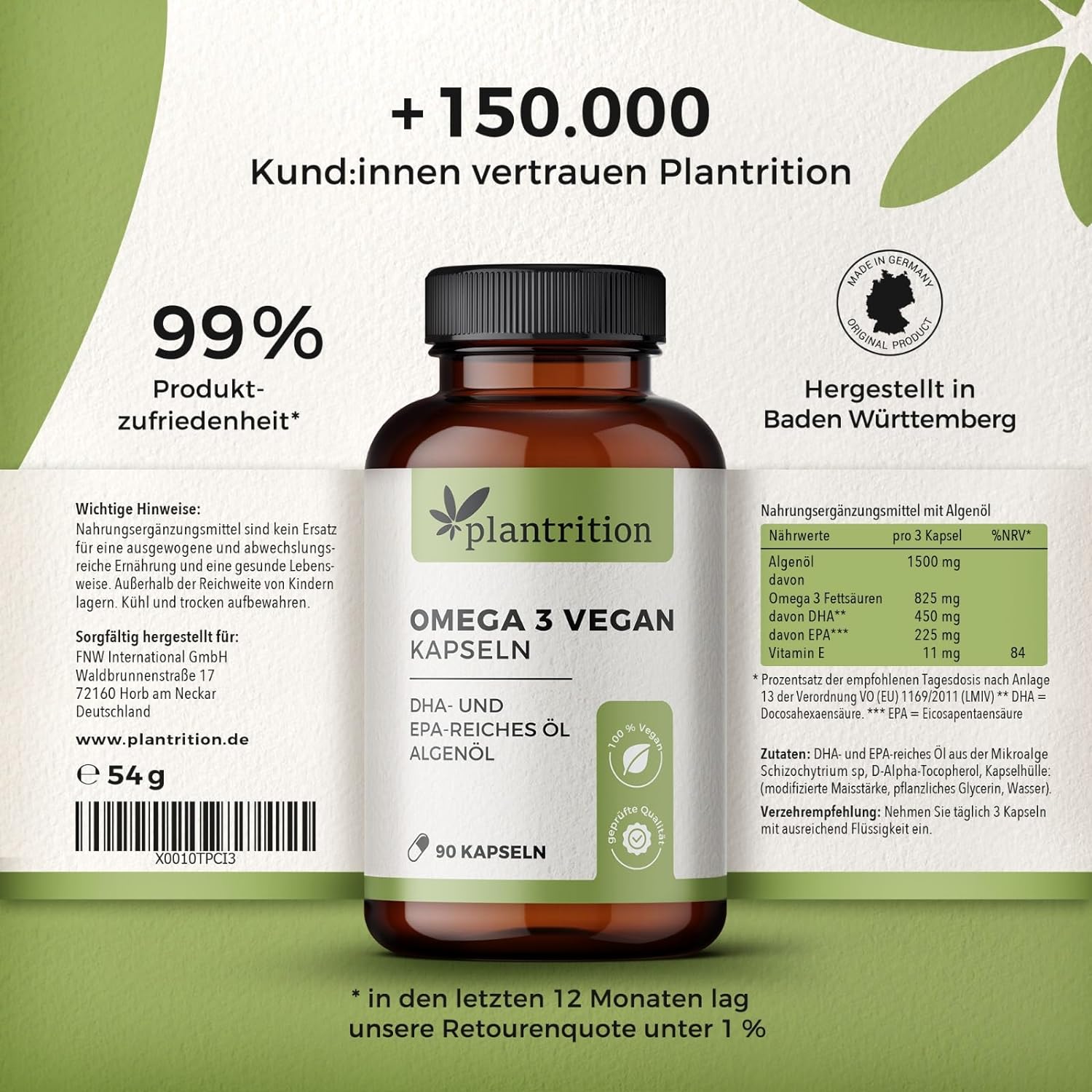 plantrition Vegane Omega 3 Kapseln - 90 Kapseln