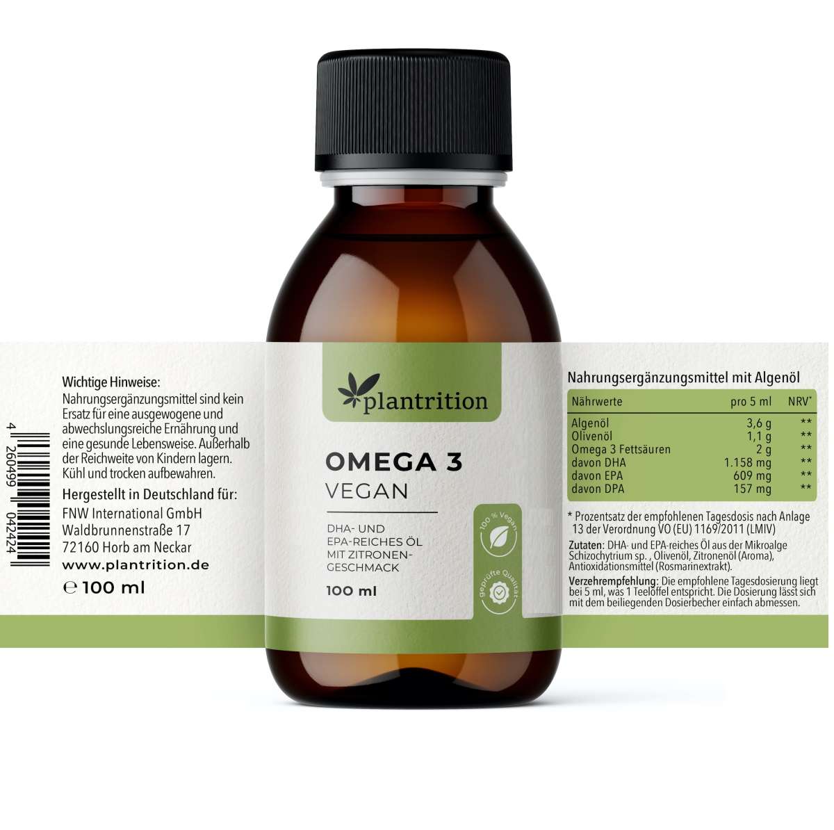 plantrition Omega 3 Vegan Algenöl EPA & DHA - Flüssig 100ML