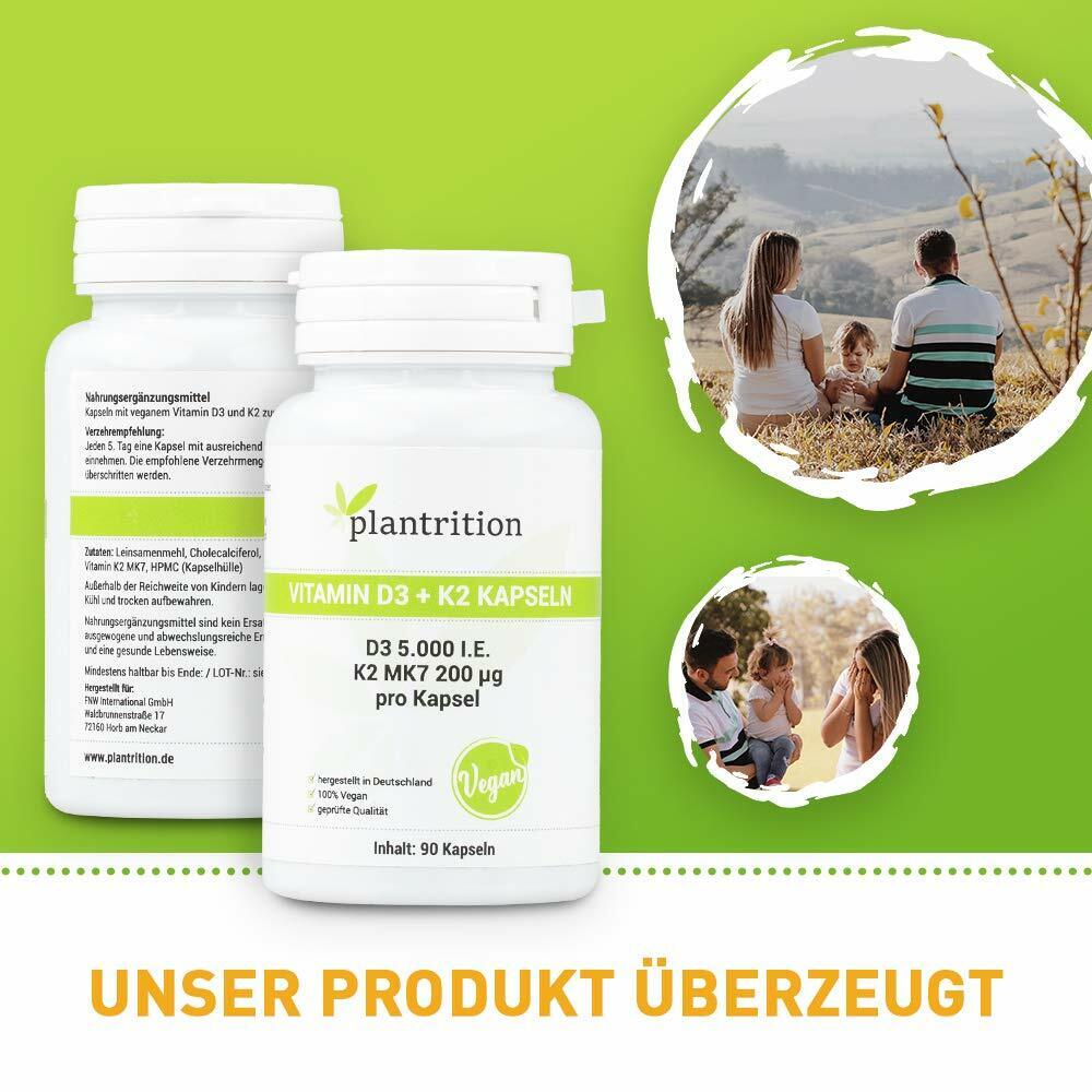 plantrition Vitamin D3 K2 Kapseln Vegan 5000 IE + 200mcg Vitamin K2 MK7 - 90 Kapseln