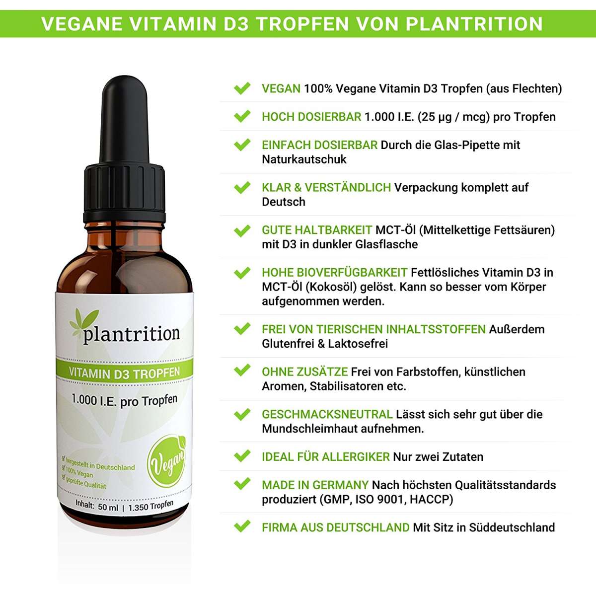 plantrition Vitamin D3 Tropfen Vegan 1350 Tropfen - 50ml